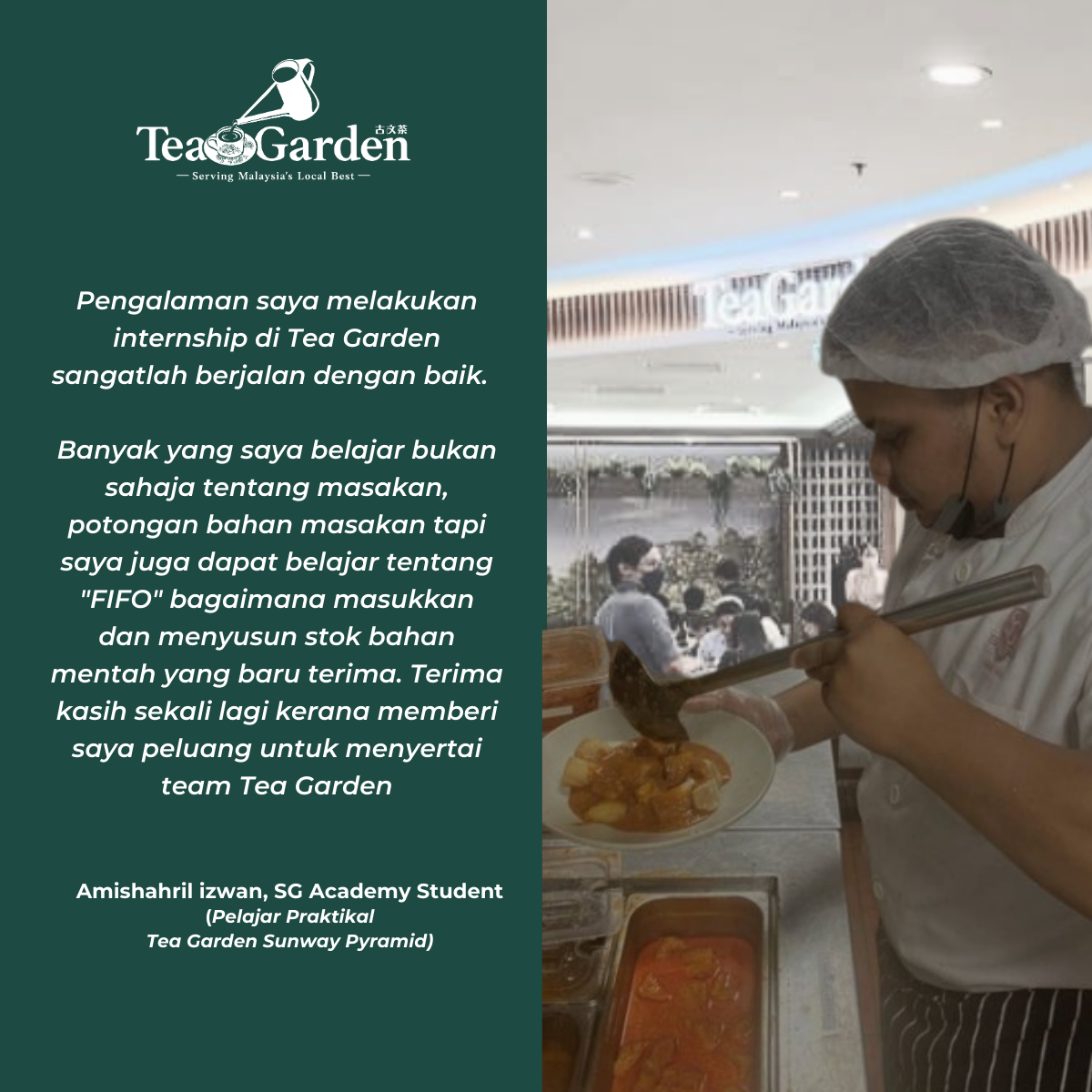A crew member preparing a dish alongside their testimonial, expressing their positive experience working with the company