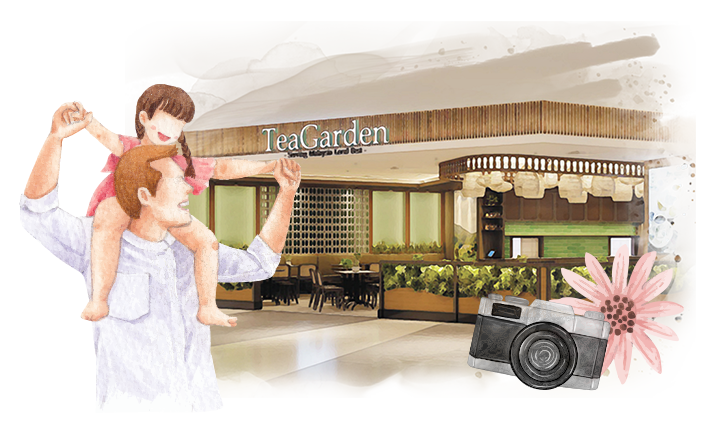 An illustration of a father and his daughter in front of Tea Garden, showing a heartwarming moment of bonding