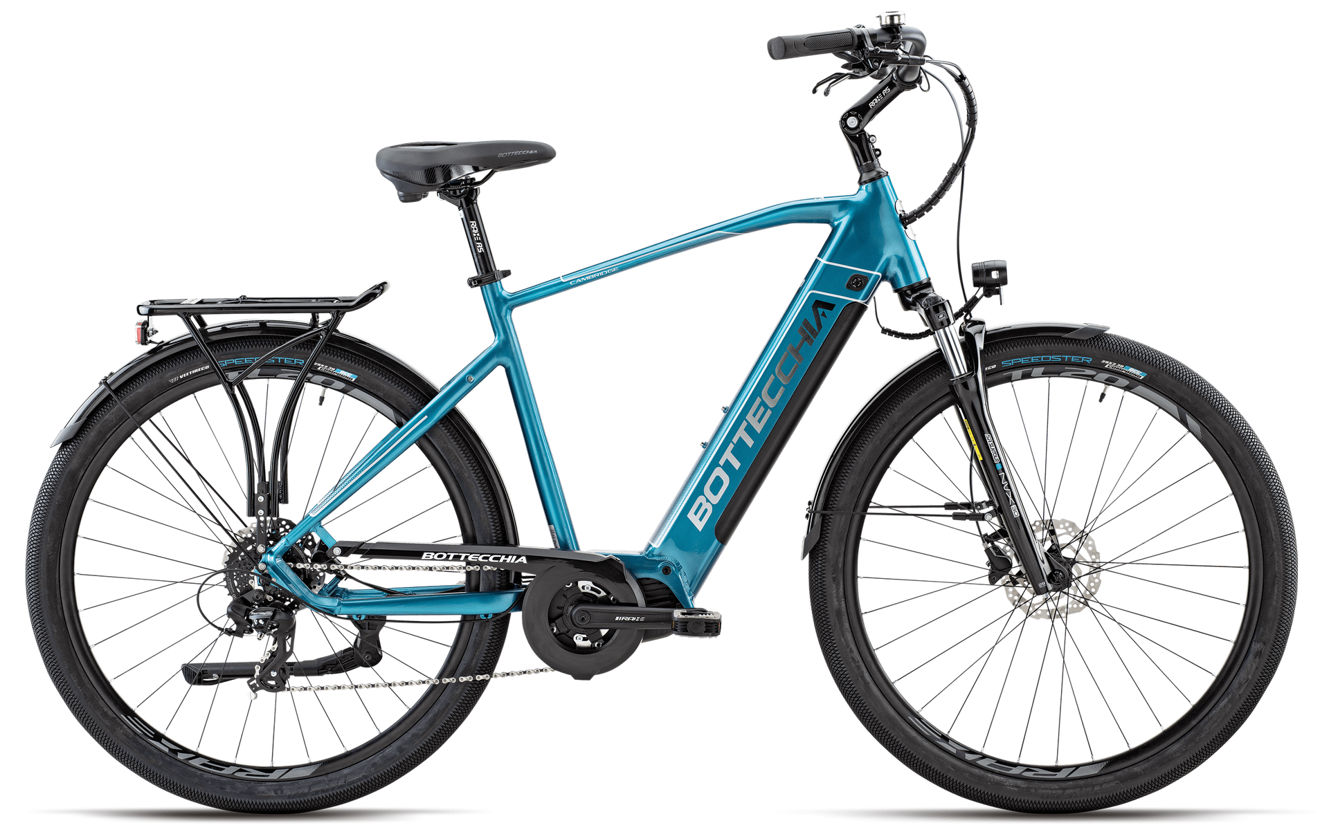 Una bicicletta elettrica blu e nera su sfondo bianco.