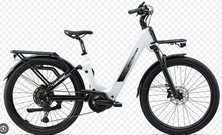 Una bicicletta elettrica nera con portapacchi posteriore su sfondo bianco.