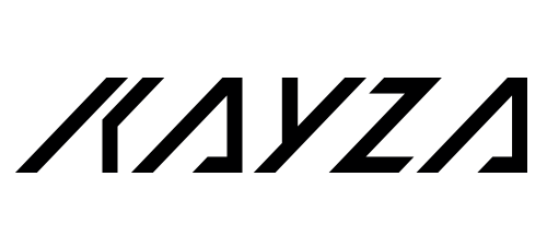 Un logo in bianco e nero per kayza su uno sfondo bianco.