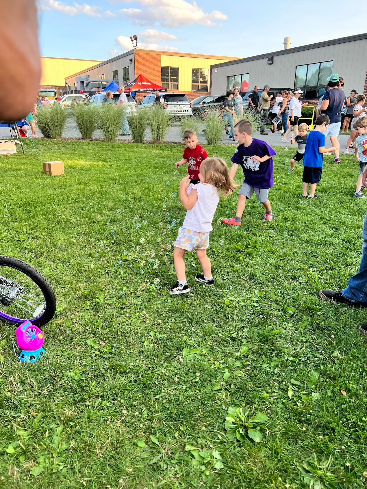 A group of children are playing in a grassy field.