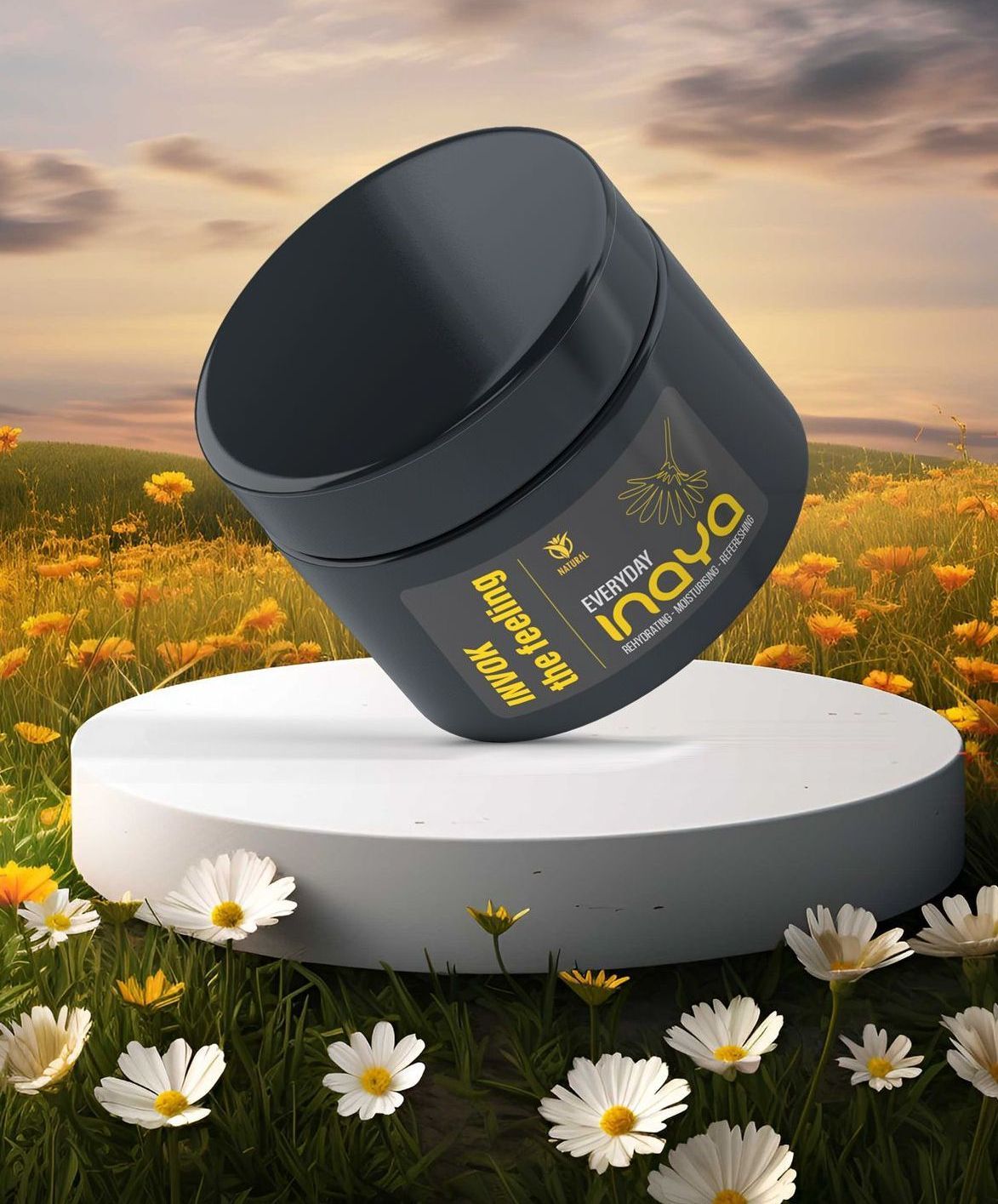 A black jar is sitting on top of a white podium in a field of daisies.