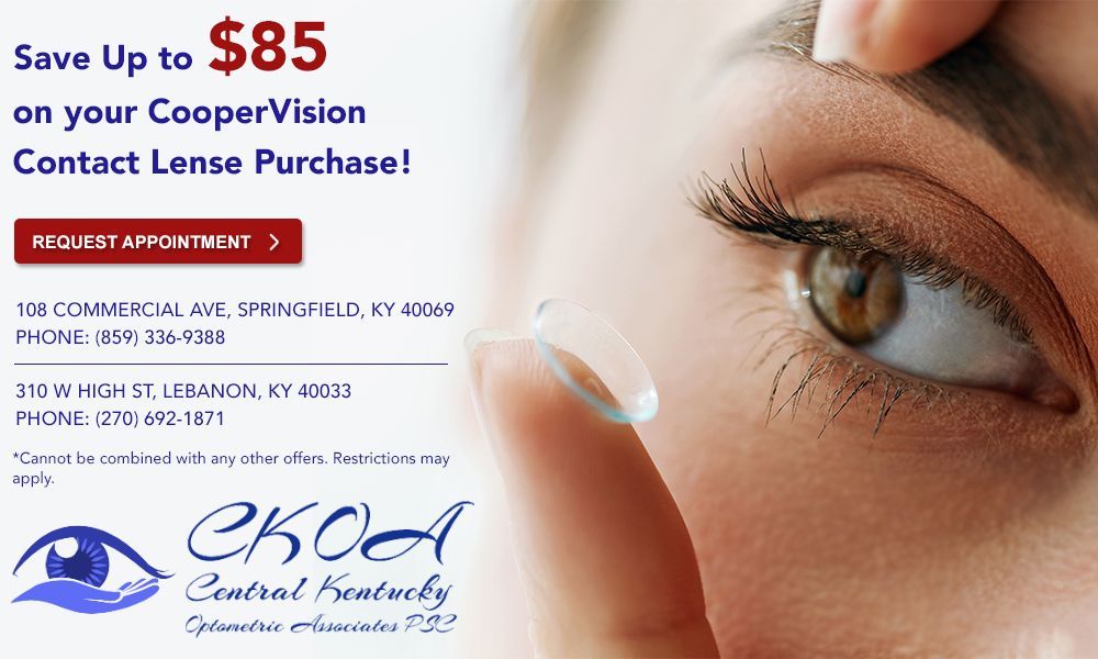 Advertisement for CooperVision contact lenses.  Offers up to $85 savings and appointment info.