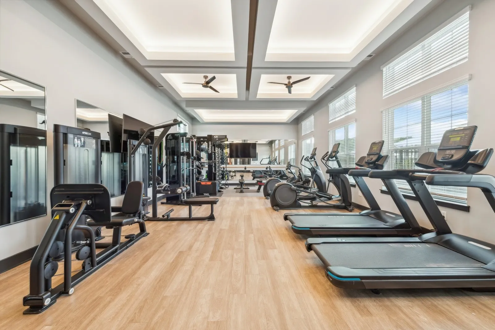 Bright apartment gym with treadmills, weight machines, and large windows.