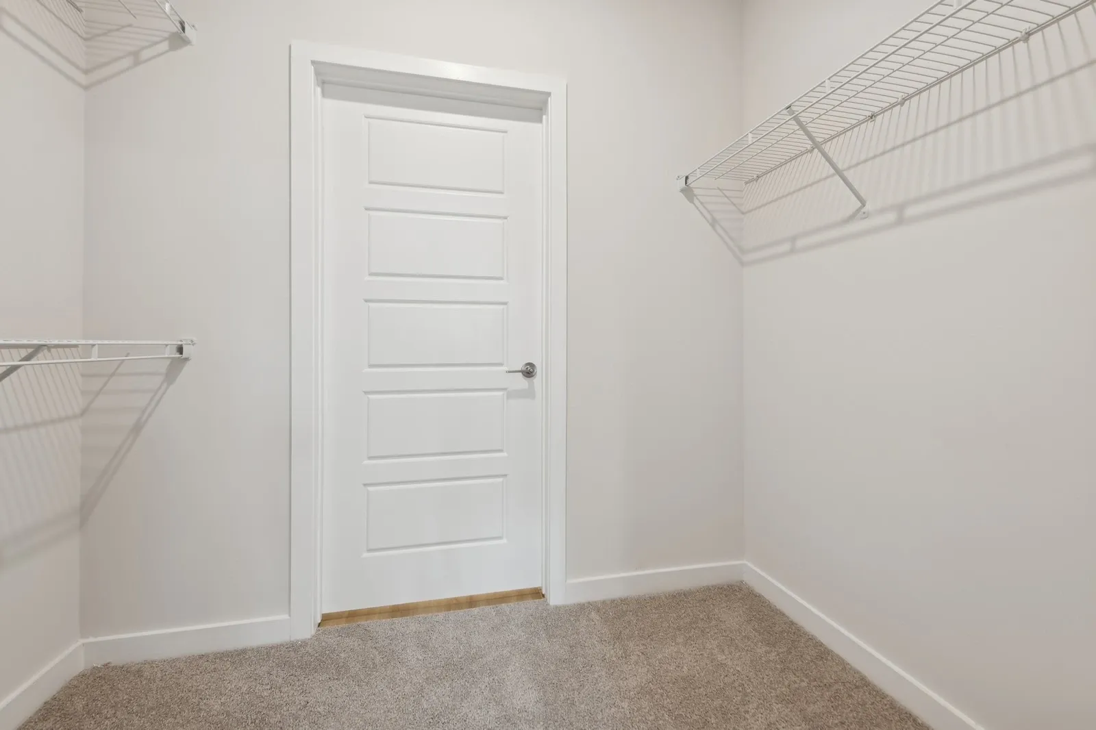 Walk-in closet with white walls, carpeted floor, and wire shelving along the sides.