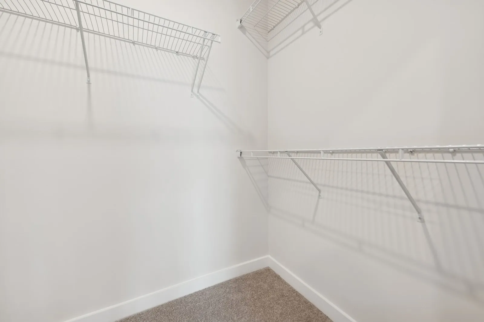 White walk-in closet with wire shelving and beige carpet