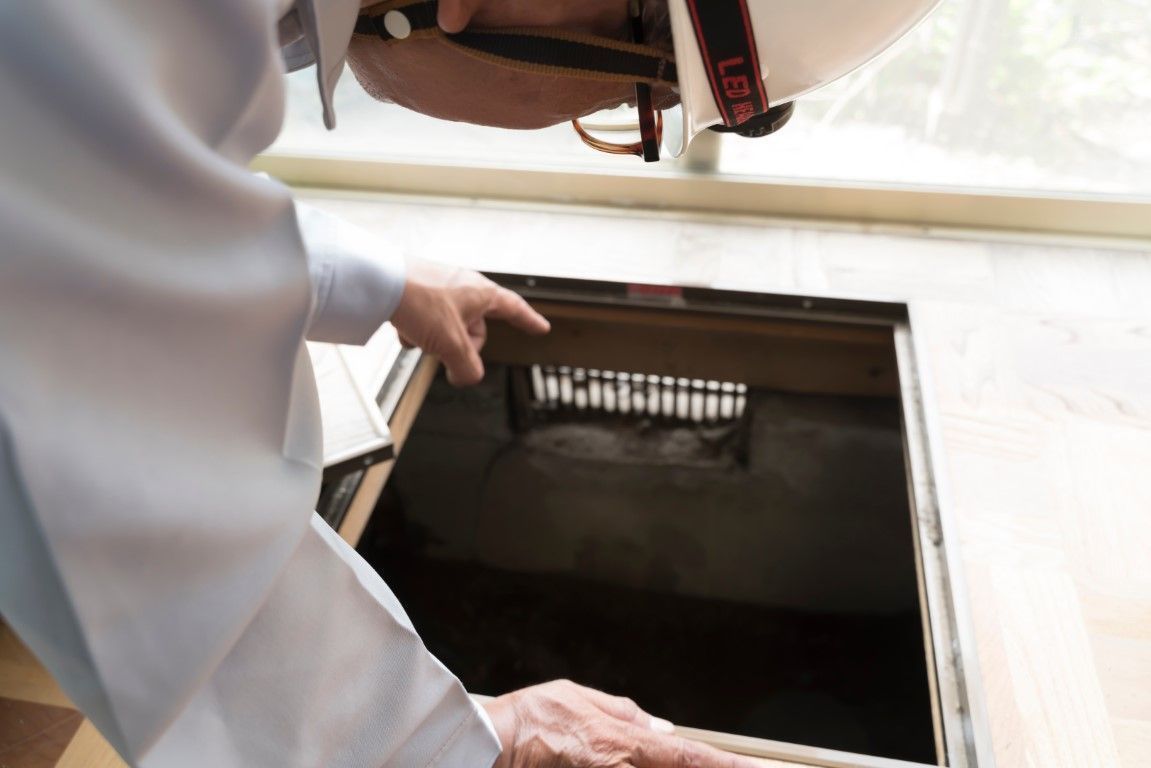 Person opens a floor hatch revealing a dark crawlspace beneath