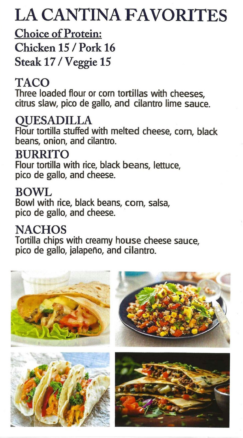 A menu with a picture of a sandwich and a picture of a salad