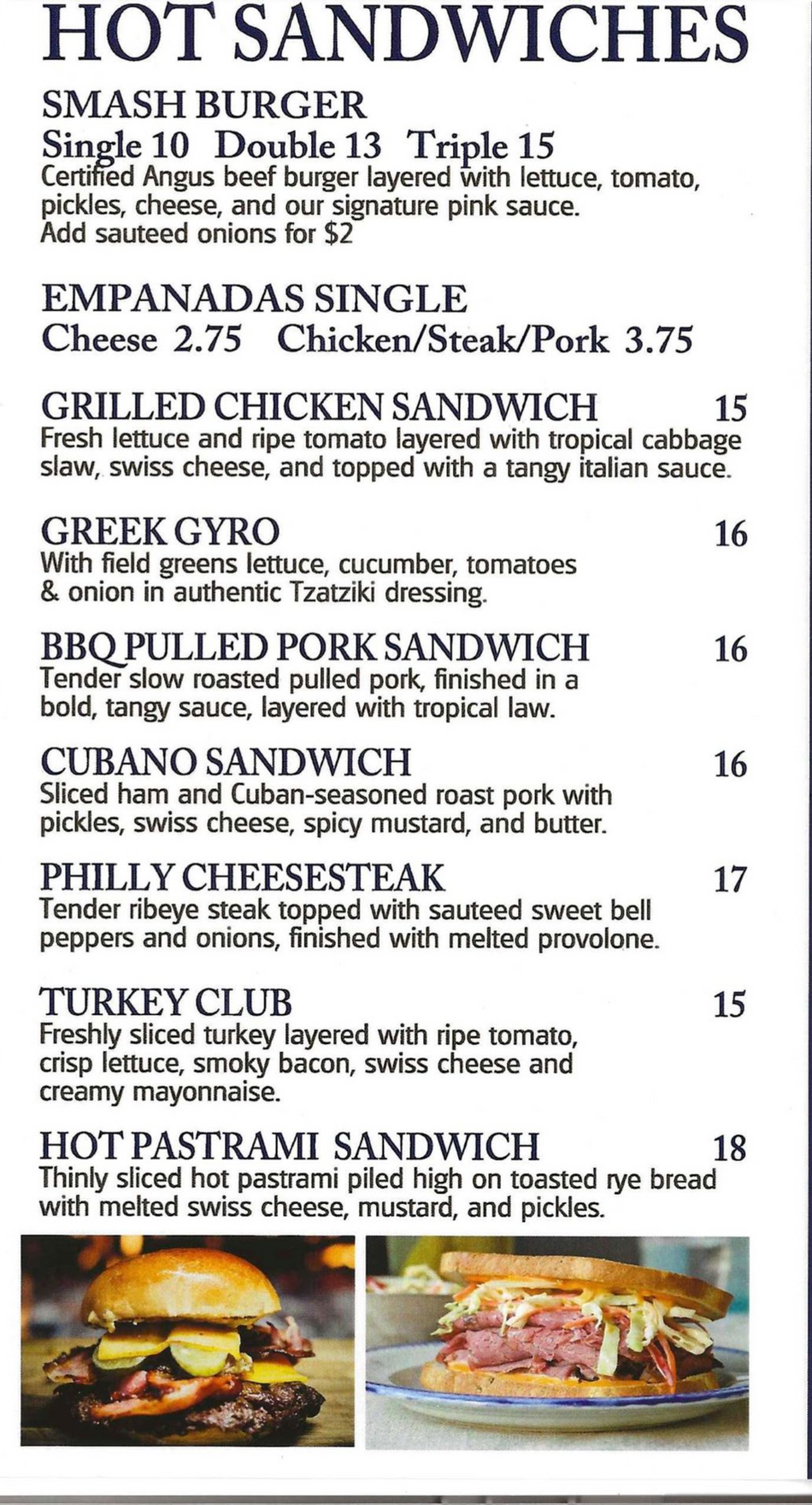 A menu with a picture of a pizza and a picture of a sandwich