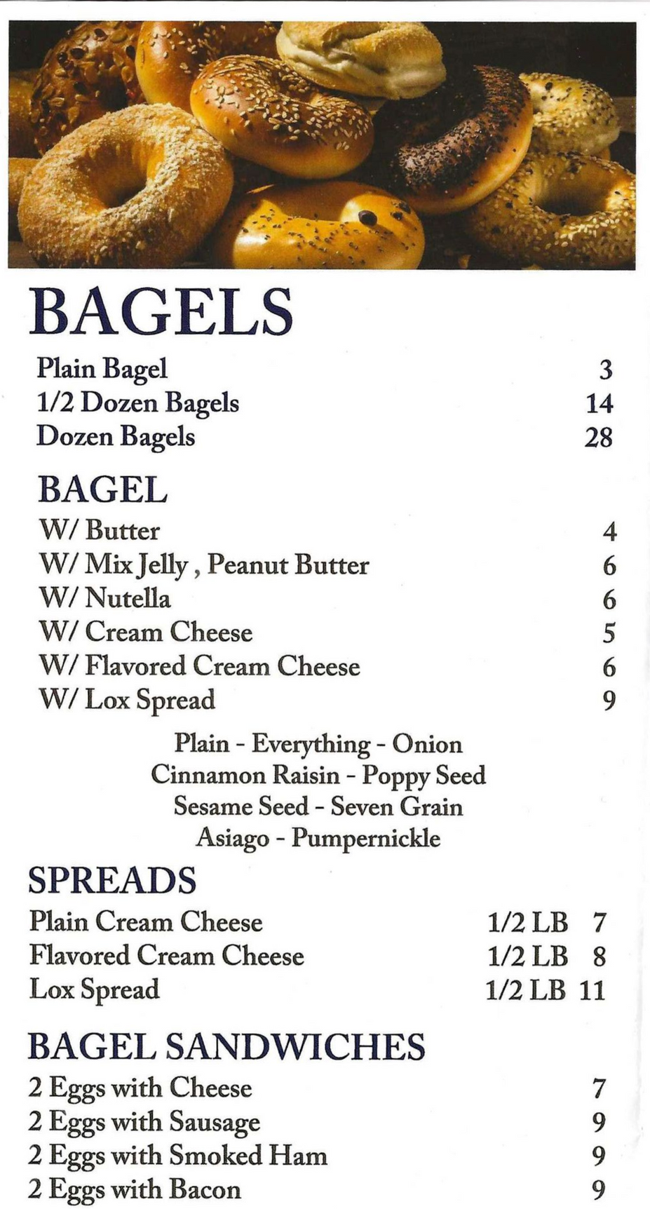 A menu for a bagel shop includes eggs from grill signature bagels and classic breakfast