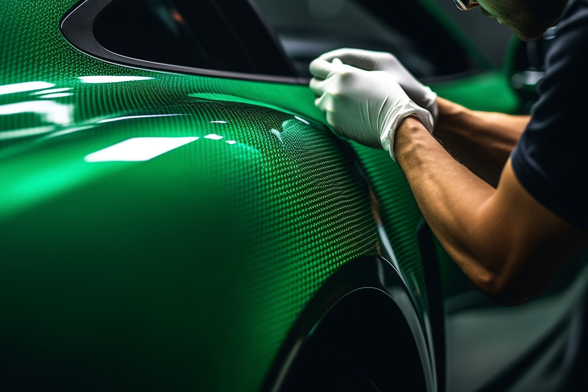 A man is working on the side of a green car.
