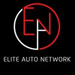 The logo for elite auto network is red and white on a black background.