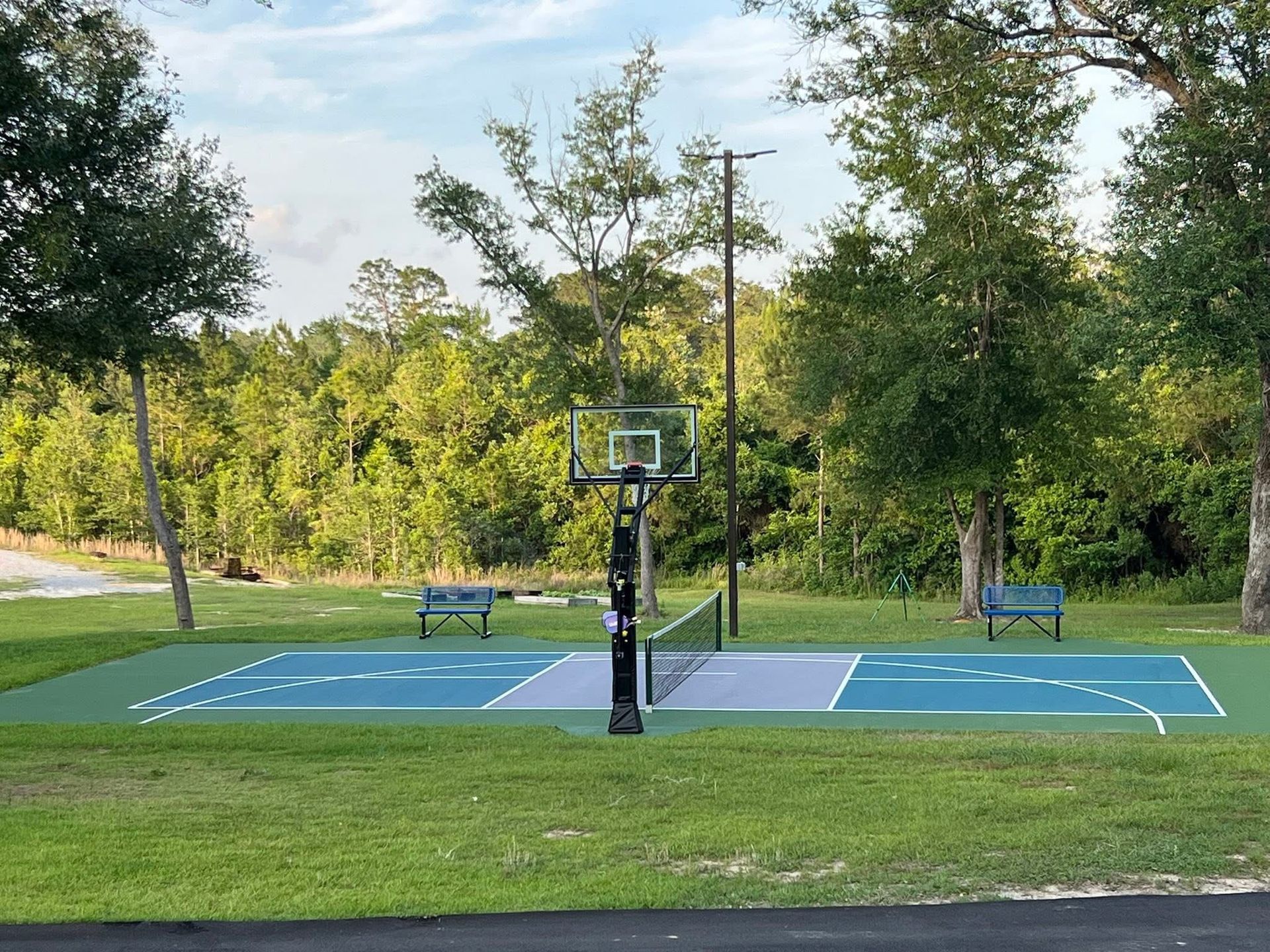Outdoor basketball half-court with a hoop, surrounded by grass and trees.