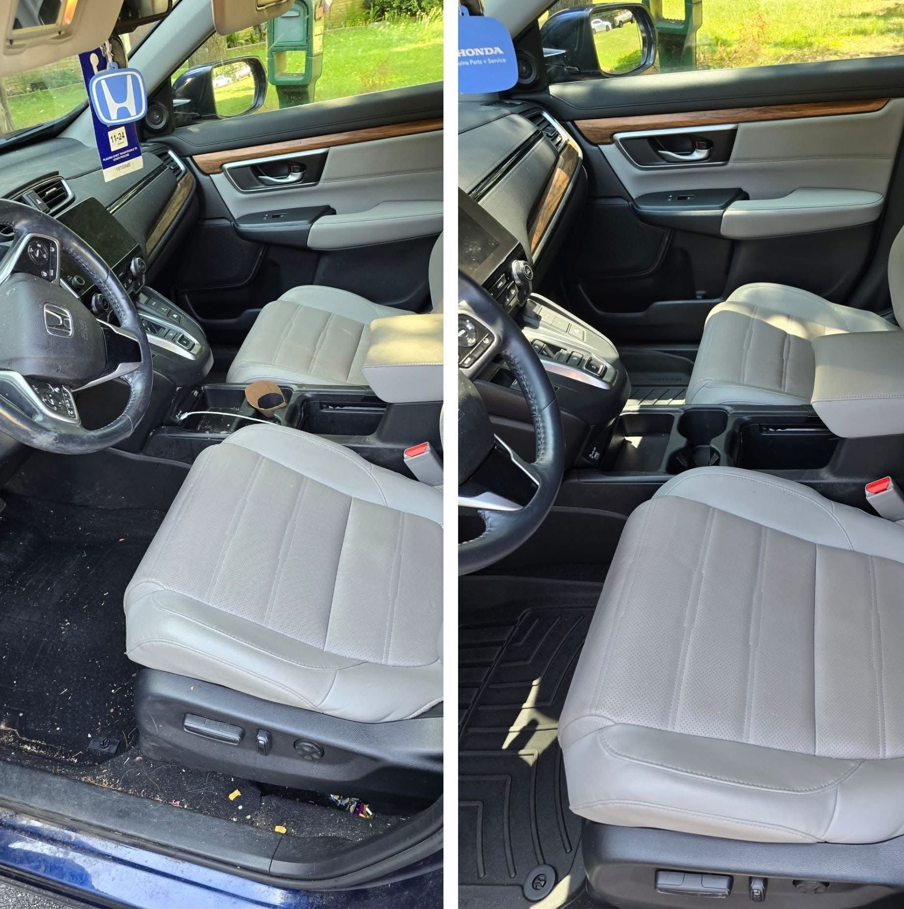 Before and after photos of a car interior showing a deep-cleaned cabin and floor mats compared to a messy, dirty state.