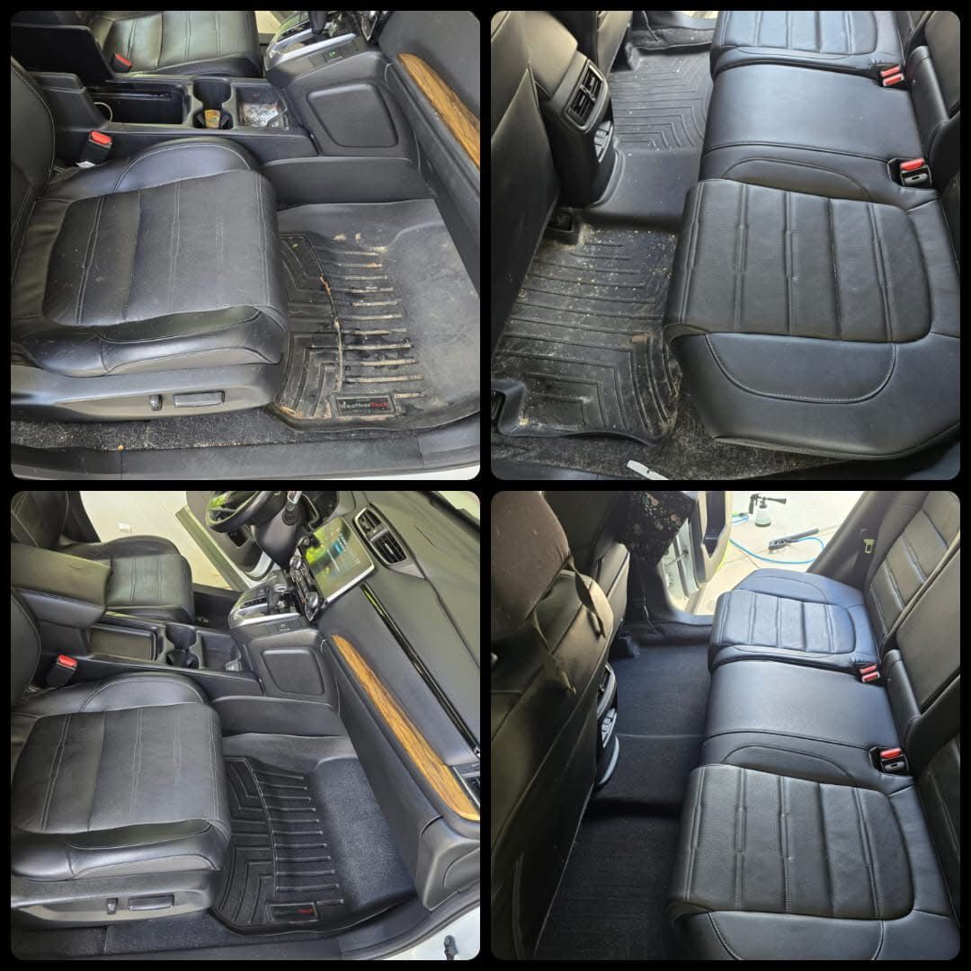Before and after photos of a car interior showing cleaned seats and floor mats.