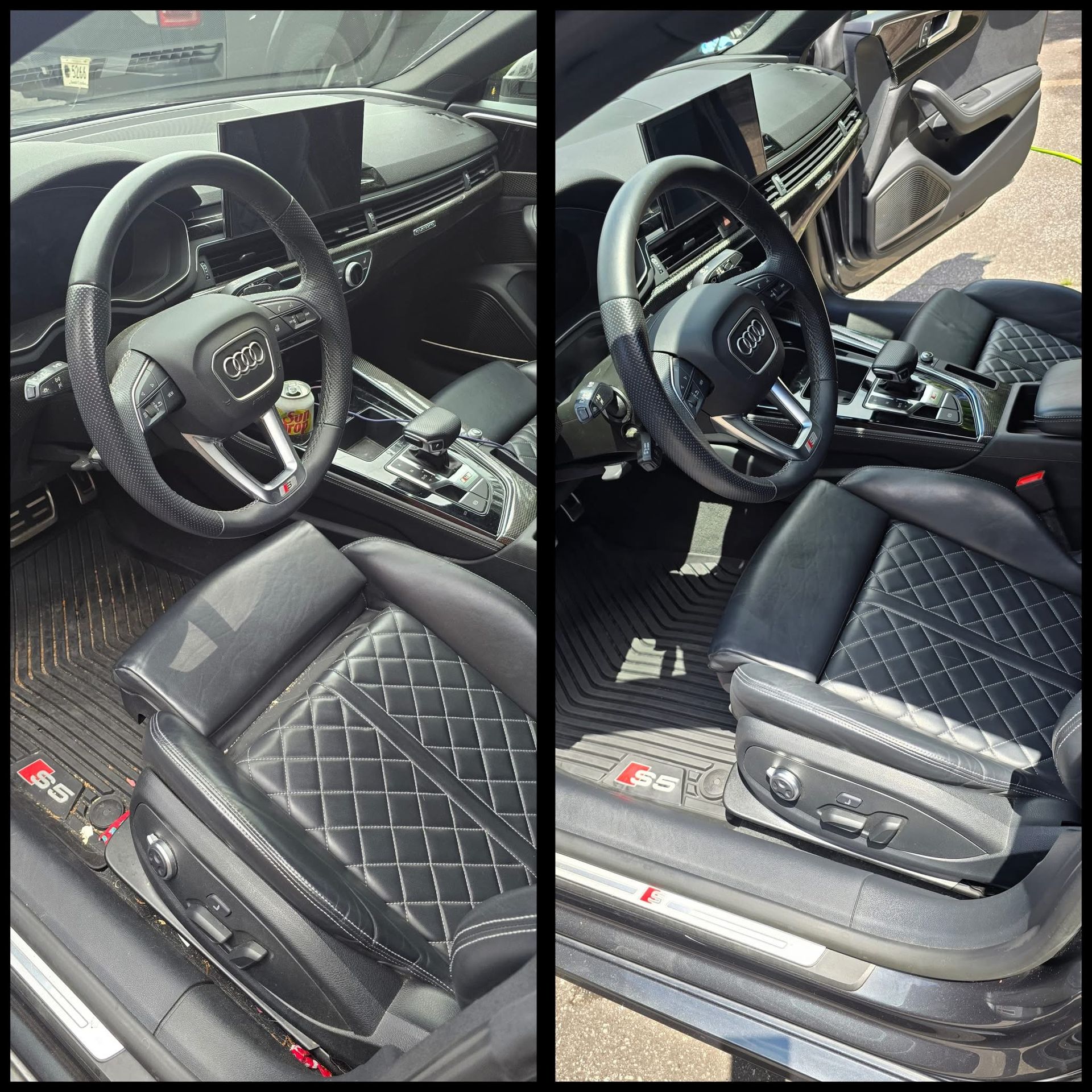 Two interior views of an Audi RS5 featuring a black leather quilted steering wheel, seats, and custom floor mats.