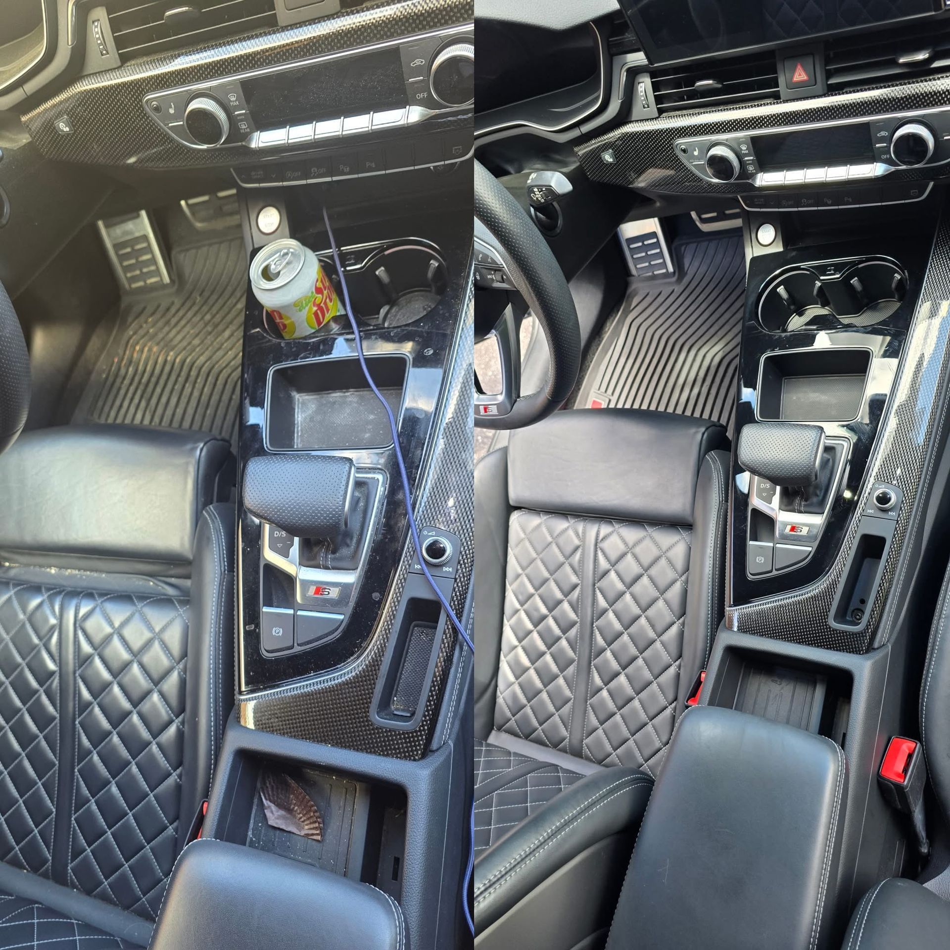 Before-and-after shot of a car's black leather and carbon fiber interior, highlighting a deep-cleaned center console.