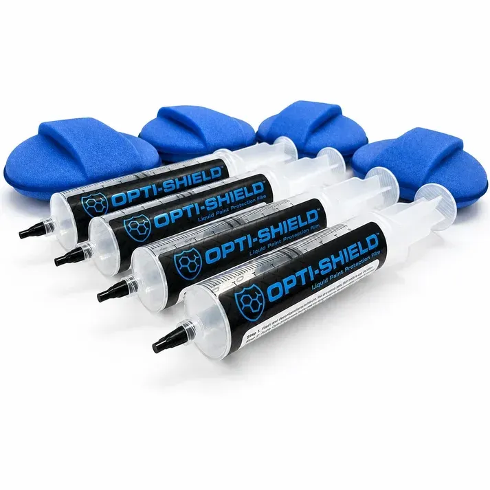 Blue OPTI-SHIELD caulking tubes and nozzles arranged on a white background