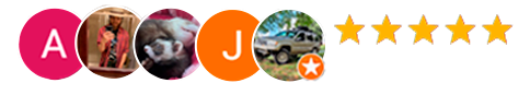A row of five circular user avatars followed by five orange stars indicating a five-star rating.