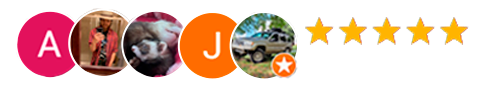 A row of five circular user avatars followed by five orange stars indicating a five-star rating.