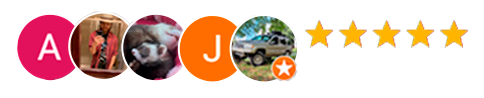 A row of five circular user avatars followed by five orange stars indicating a five-star rating.