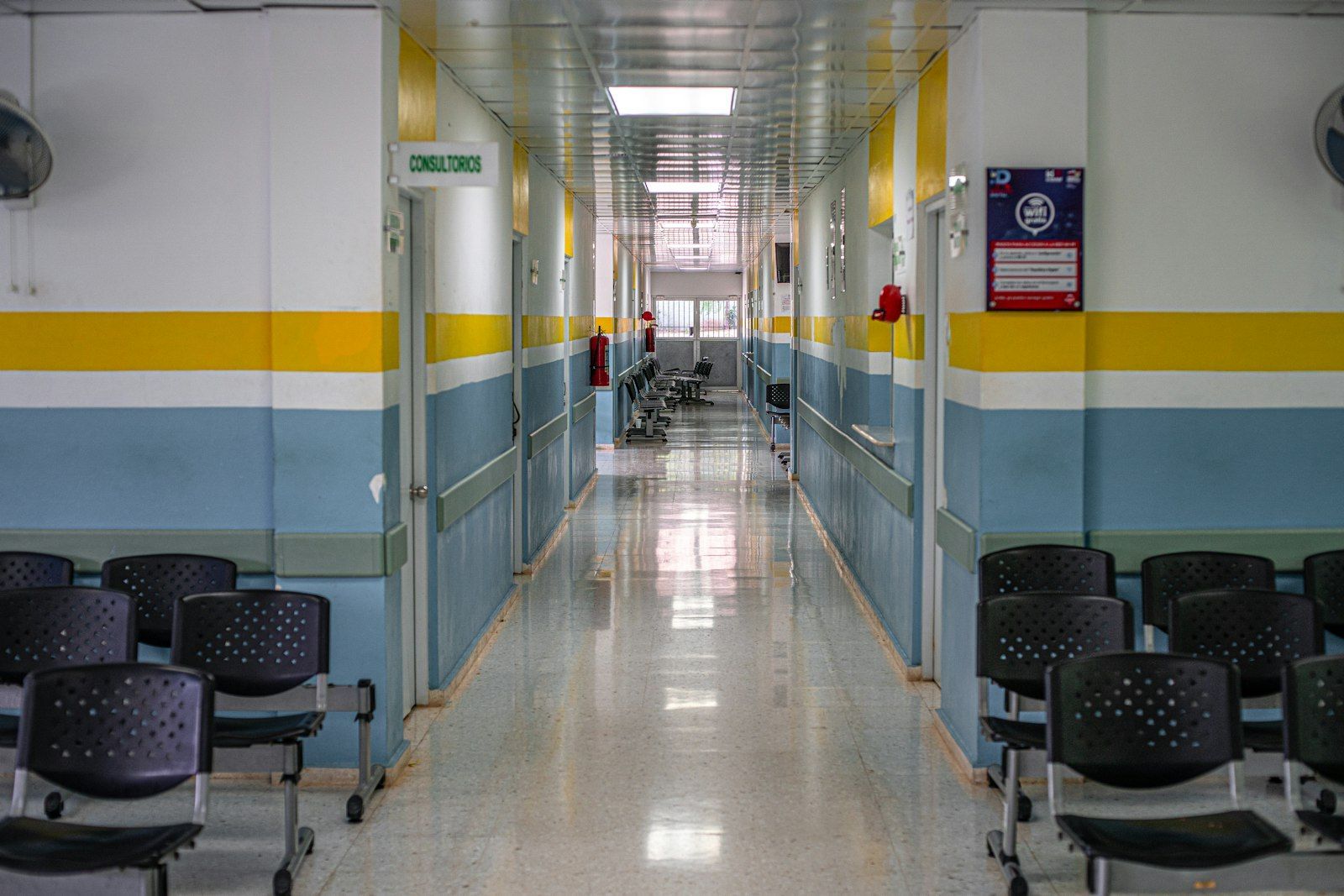 Hospital corridor with a clock