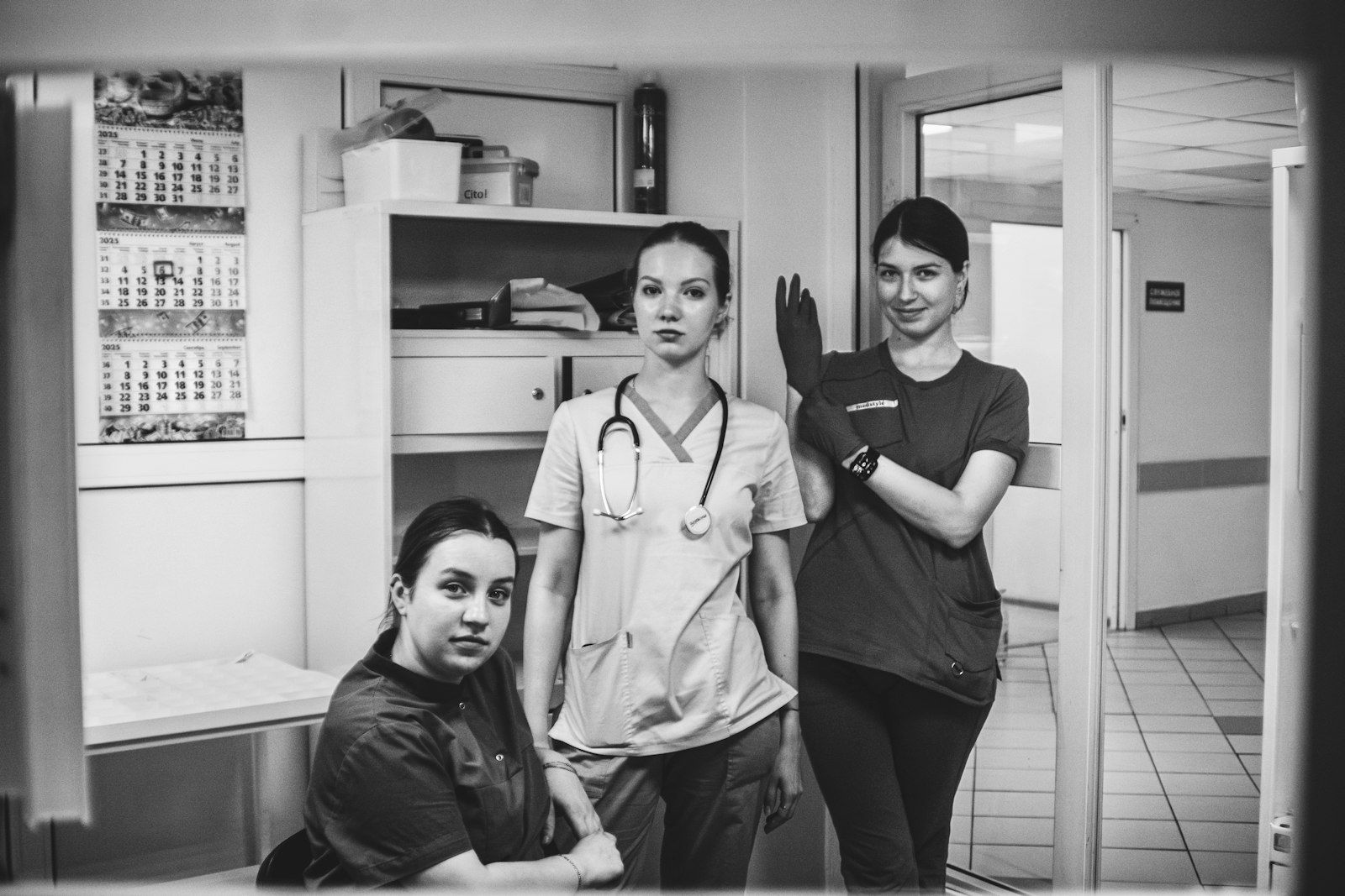 Medical professionals in a hospital corridor