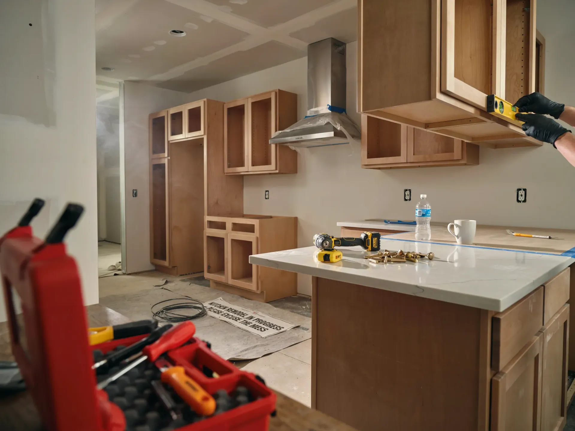 Partially finished kitchen with cabinets, countertop, and tools in the foreground