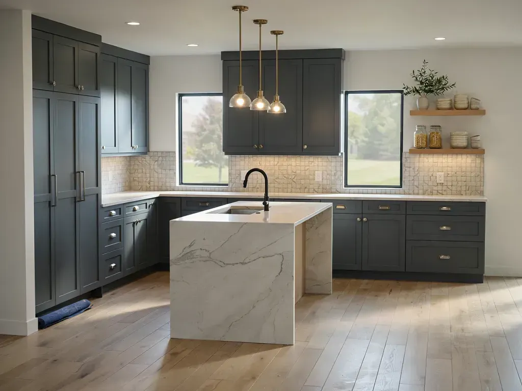 Modern kitchen with dark cabinets, marble island, wood floor, and pendant lights