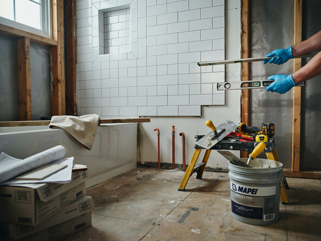 Bathroom under renovation with tiled wall, bathtub, tools, and worker’s gloved hands pointing at fixtures