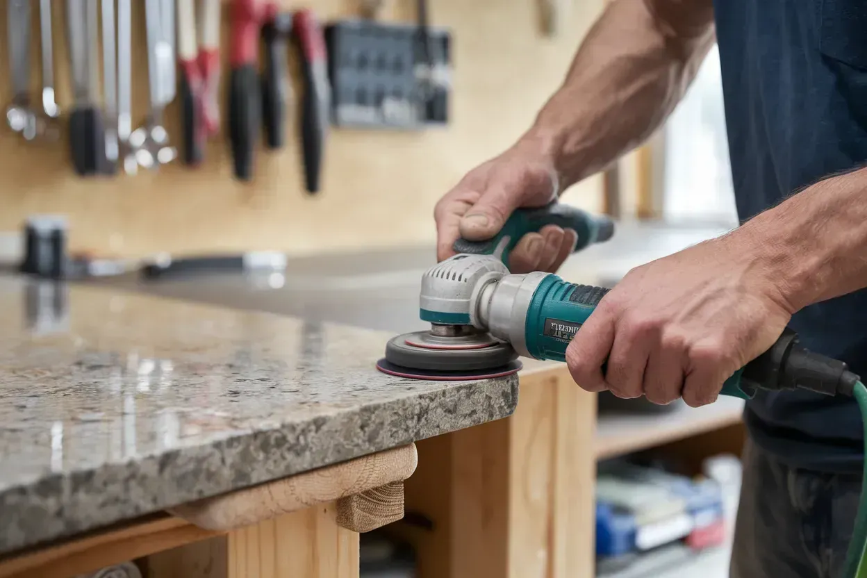 Person sanding a wooden countertop with a power sander in a workshop