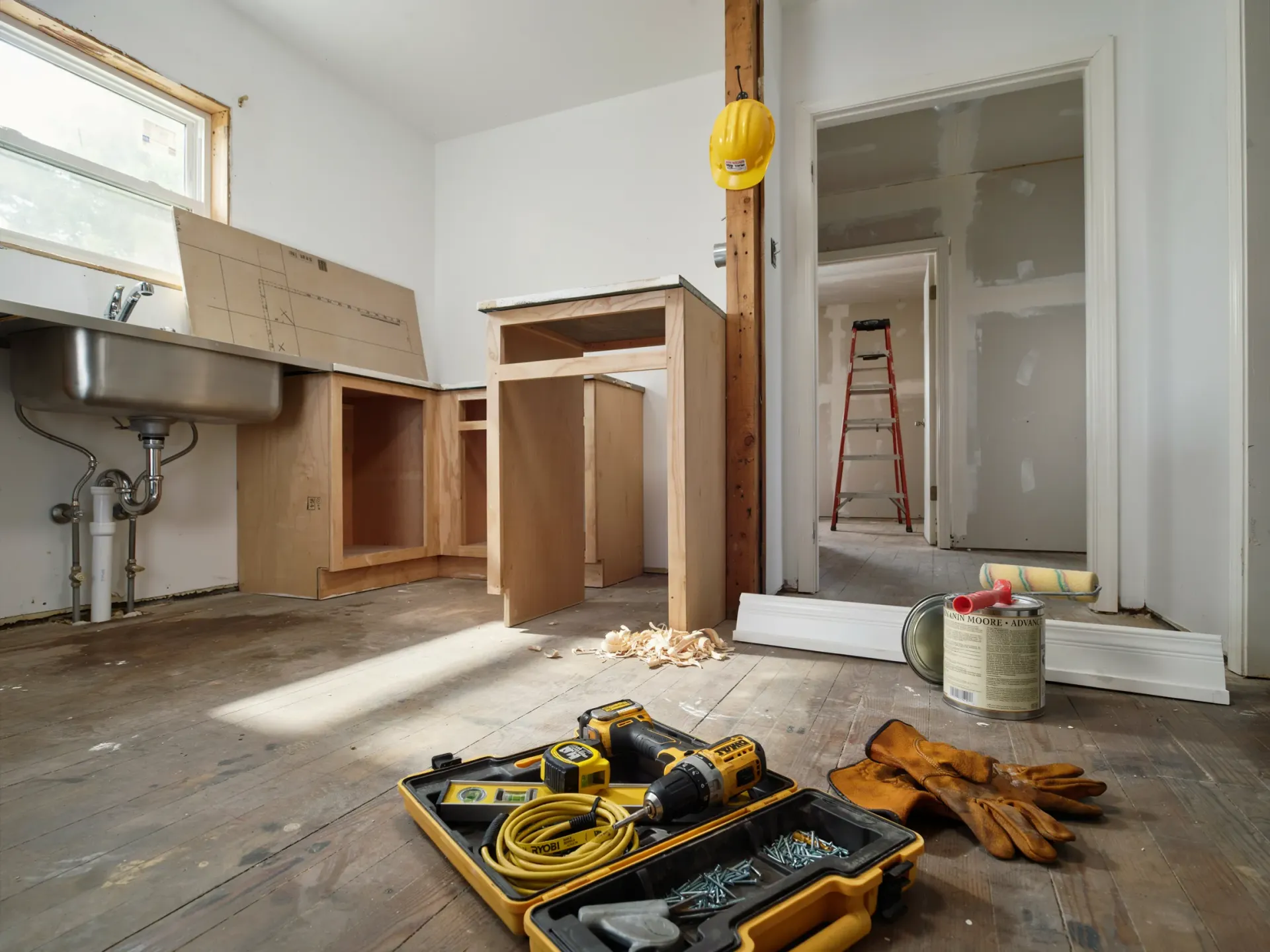 Kitchen under renovation with exposed cabinets, tools on the floor, and a ladder in the doorway