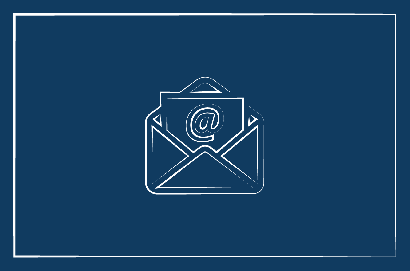 Picture of an envelope with the flap open with an @ symbol on a piece of paper coming out of the envelope white outlines on a blue background with a thin white line as a border around the image