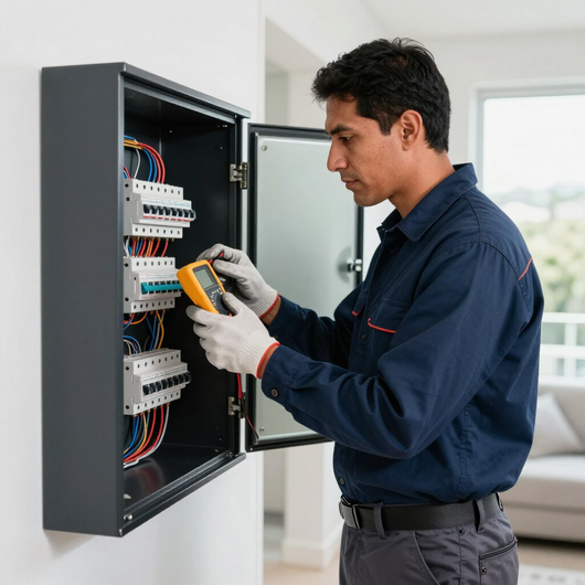 Técnico peruano inspeccionando un tablero eléctrico
