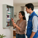 Cliente satisfecha junto a un técnico eléctrico