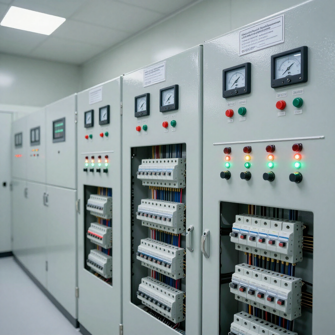 Paneles de control eléctrico industrial con manómetros, interruptores y luces indicadoras en una sala limpia.