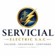Servicial Electric S.A.C. logo with blue-gold circle, lightning bolt, and tagline “Calidad, Seguridad, Confianza”