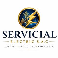 Logo de SERVICIAL Electric S.A.C. en azul y dorado con rayo y torres eléctricas, lema “Calidad, Seguridad, Confianza”