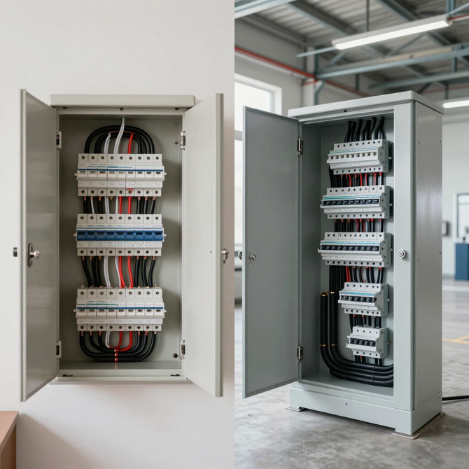Armarios de control eléctrico abiertos con disyuntores y cableado en un entorno industrial.
