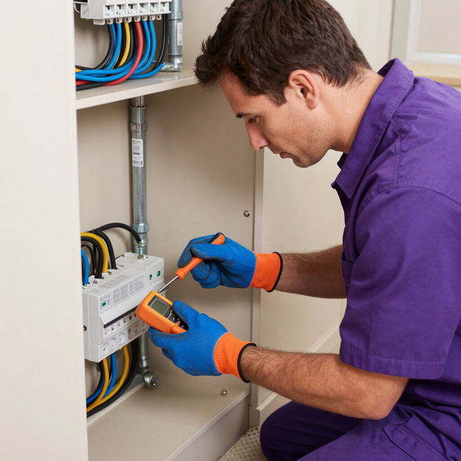 Técnico con uniforme morado probando el cableado eléctrico en un panel abierto con un multímetro.