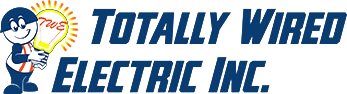 The logo for totally wired electric inc. shows a man holding a light bulb