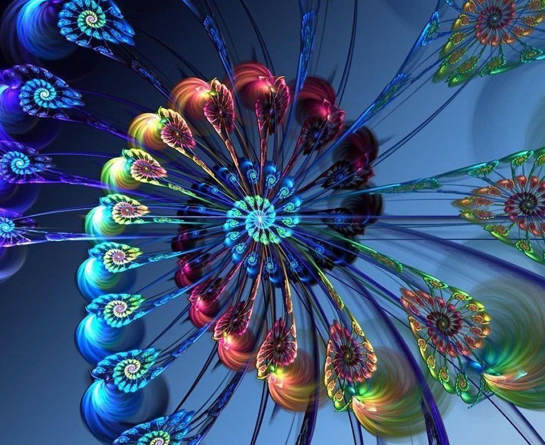 Abstract colorful fractal flower with blue, purple, and red spirals radiating from the center
