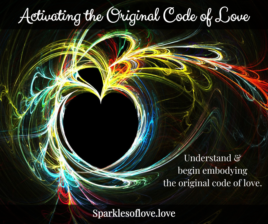 Abstract heart made of colorful light trails on black, with “Activating the Original Code of Love” text.