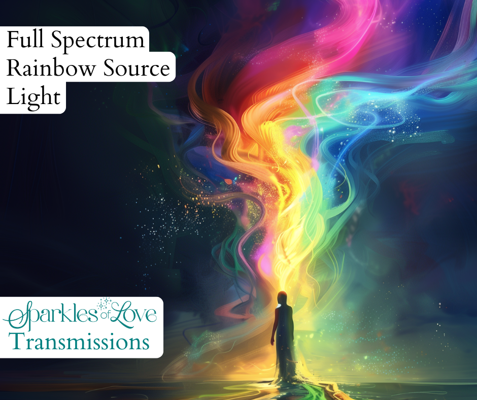 Person beneath a glowing rainbow light beam with text reading “Full Spectrum Rainbow Source Light”