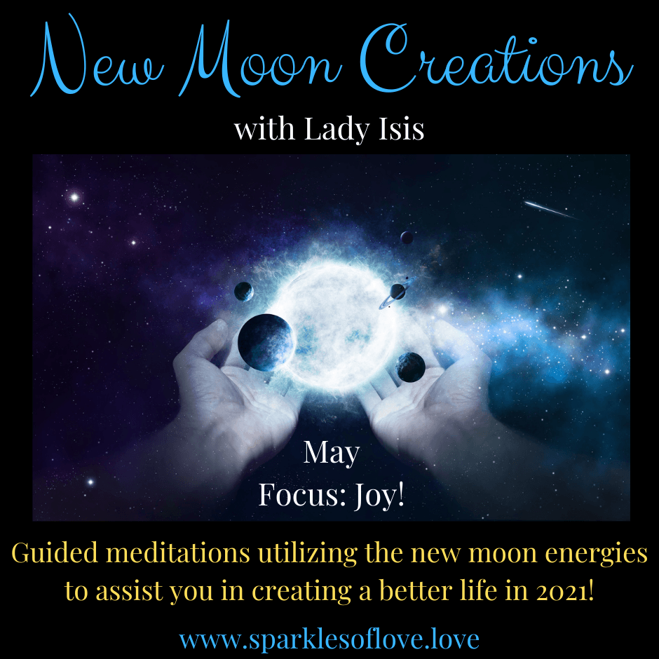 New Moon Creations promo with hand reaching toward glowing moon; text: “May Focus: Joy!”