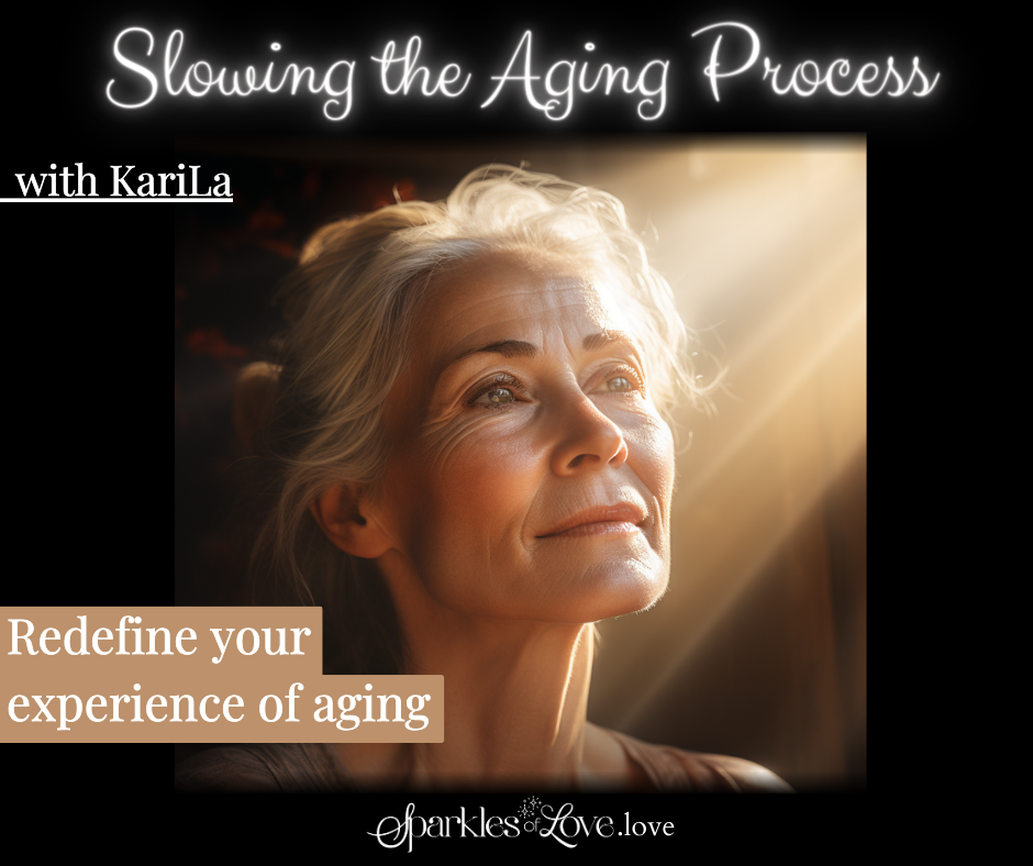 Promotional graphic with a woman lit by warm sunlight and text: “Slowing the Aging Process”
