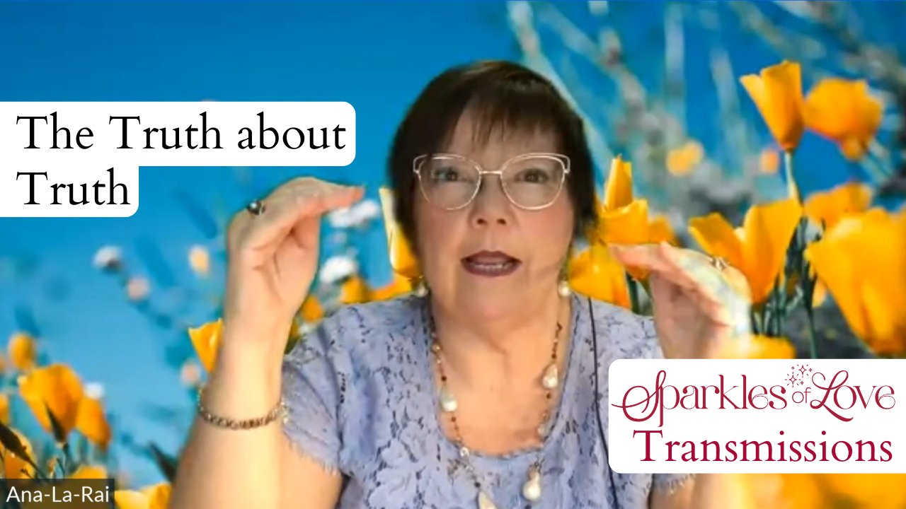 Woman in glasses speaking in front of bright yellow flowers, with text “The Truth about Truth” and “transmissions.”