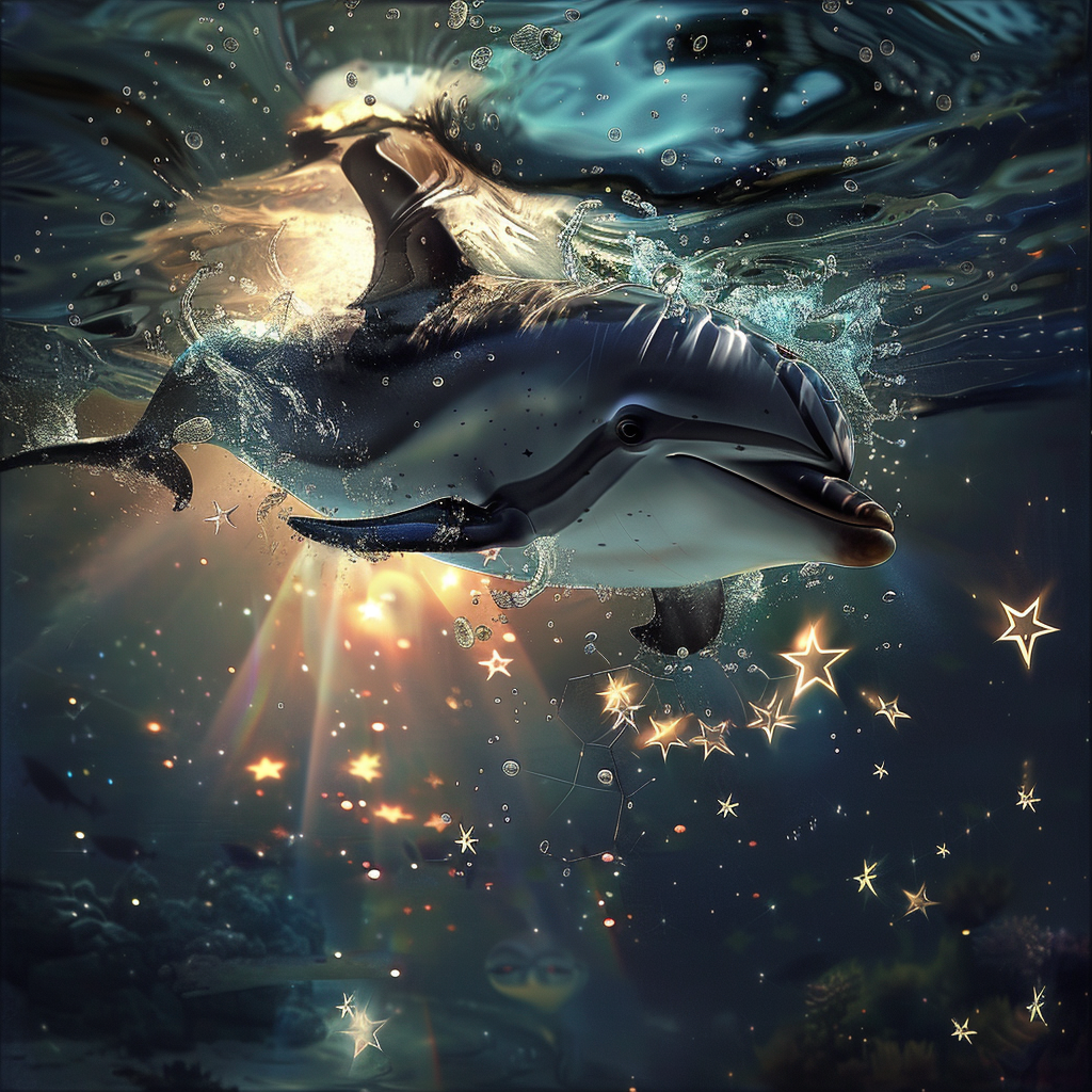 Dolphin swimming underwater through shimmering light and star-like sparkles in a dark blue scene