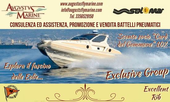 An advertisement for augustus marine shows a boat in the water